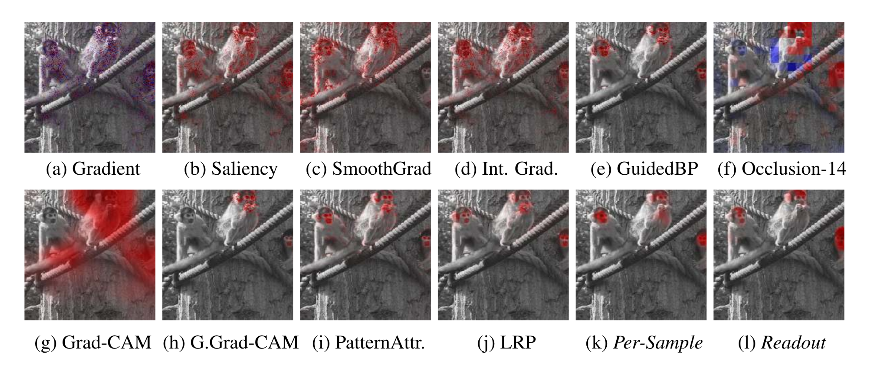 Figure 8: Comparison of attribution maps produced by baselines and the proposed approach with per-sample and readout bottleneck.